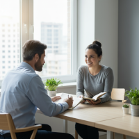 Image représentant deux personnes discutant autour d'un bureau