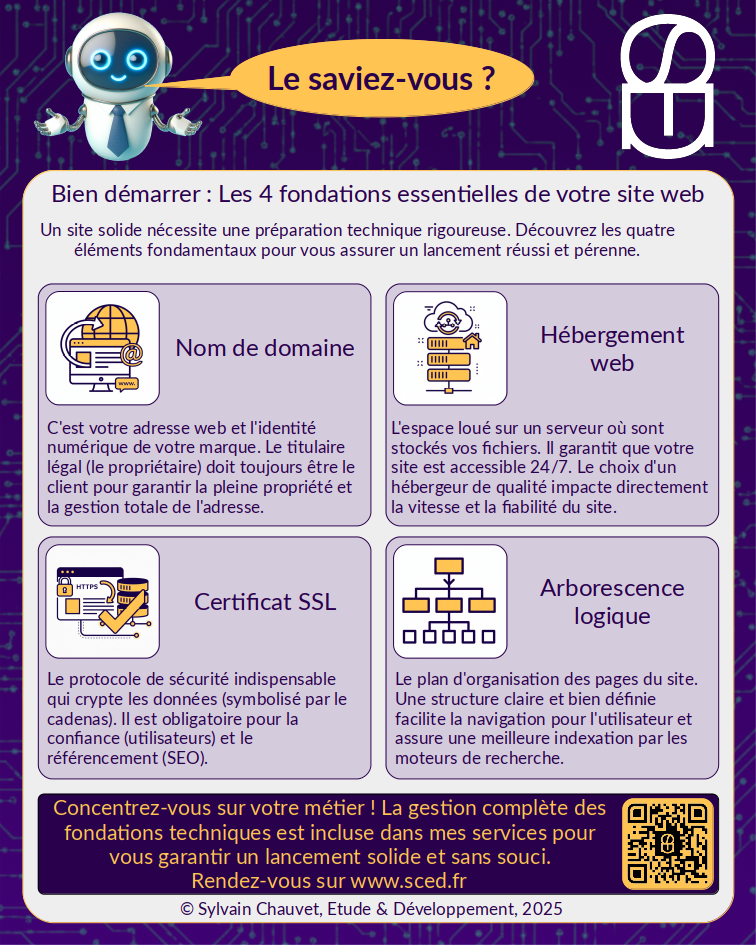 Infographie sur les 4 éléments essentiels pour la mise en ligne d'un site web (Domaine, Hébergement, SSL, Arborescence)