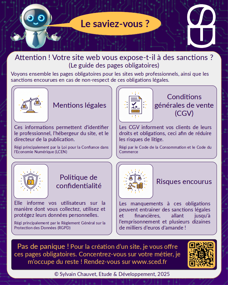 Infographie sur les pages légales obligatoires et conseillées pour un site web